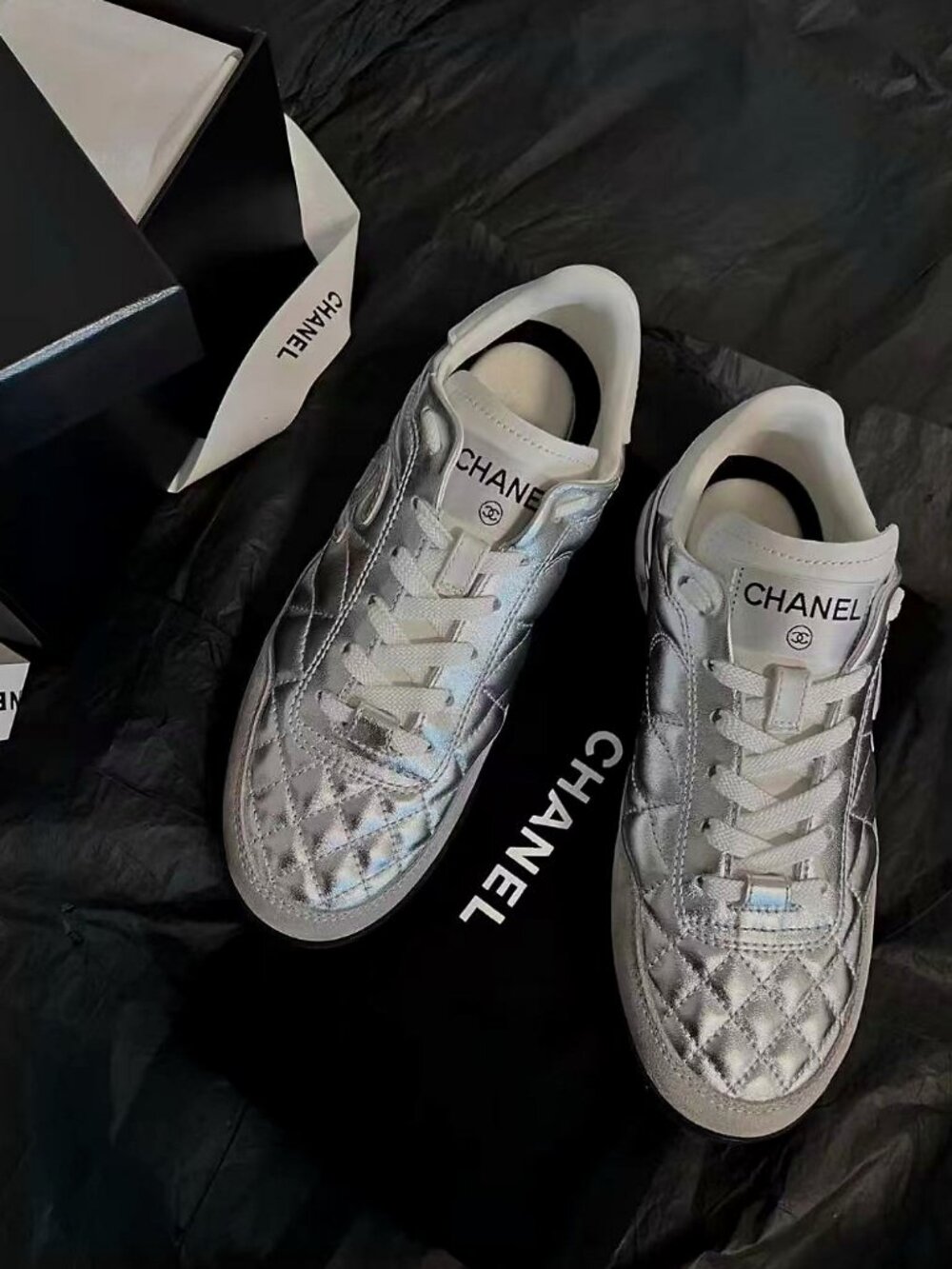 CHANEL Silver Quilted Leather Low Top Trainer Sneakers